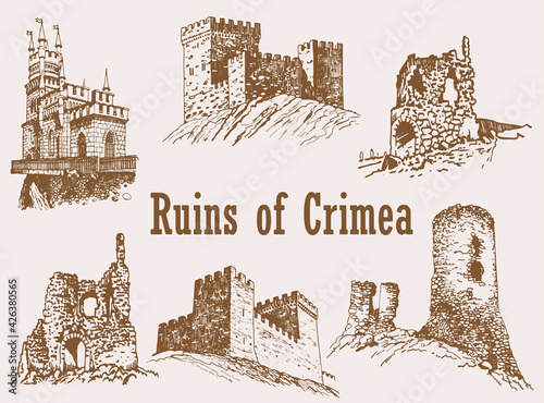 Graphical set of ruins on sepia background, vector architecture	
