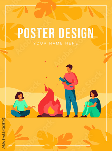 Campfire, camping, story telling concept. Cheerful people sitting at fire, telling scary stories, having fun. For summer outdoor activities or leisure time with friends topics