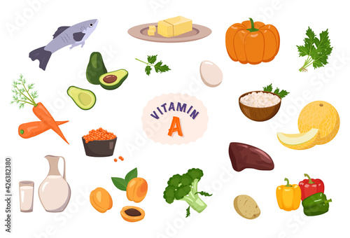 Source of vitamin A. Collection of vegetables, fruits and herbs. Diet food. Healthy lifestyle. The composition of the products. Vector illustration