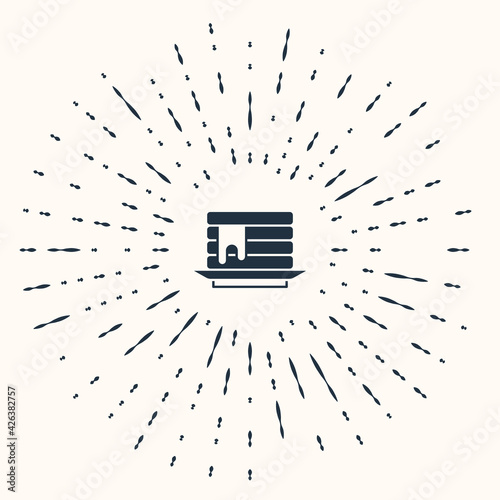 Grey Stack of pancakes with honey icon isolated on beige background. Breakfast concept. Abstract circle random dots. Vector