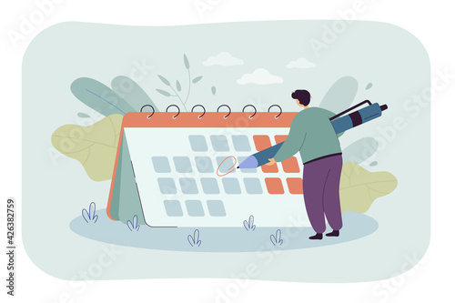 Tiny man in front of giant calendar cartoon vector illustration. Person highlighting specific date on schedule with giant pen. Events, agendas, deadlines checking. Planning, time management concept