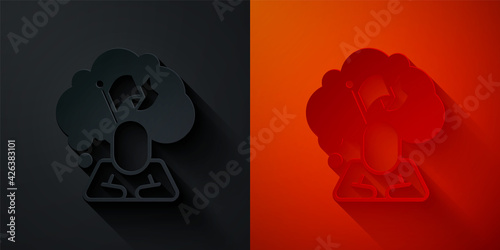 Paper cut Man holding flag icon isolated on black and red background. Victory, winning and conquer adversity concept. Paper art style. Vector