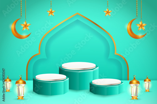 3d product display blue and white podium themed islamic with crescent moon, lantern and star for ramadan