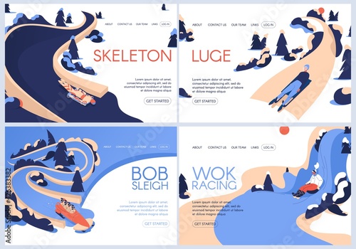 Photo Vector landing pages set for luge, skeleton sport, bobsleigh and wok racing