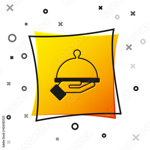 Black Covered with a tray of food icon isolated on white background. Tray and lid sign. Restaurant cloche with lid. Yellow square button. Vector