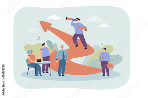 Cartoon leadership and teamwork in business challenge. Flat vector illustration. Business people training plan and running for leader with spyglass. Success, achievement concept for banner design