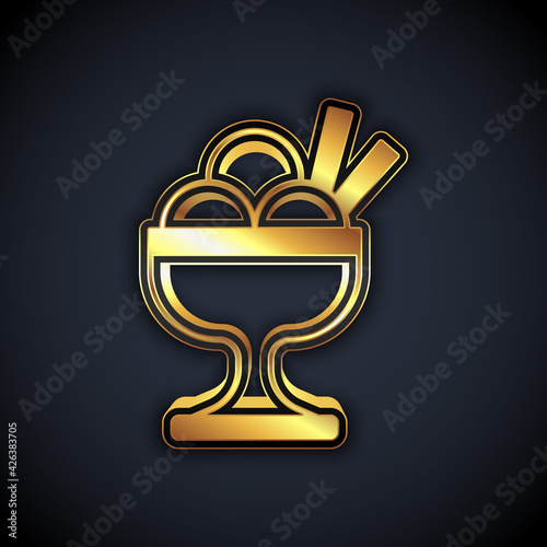 Gold Ice cream in the bowl icon isolated on black background. Sweet symbol. Vector