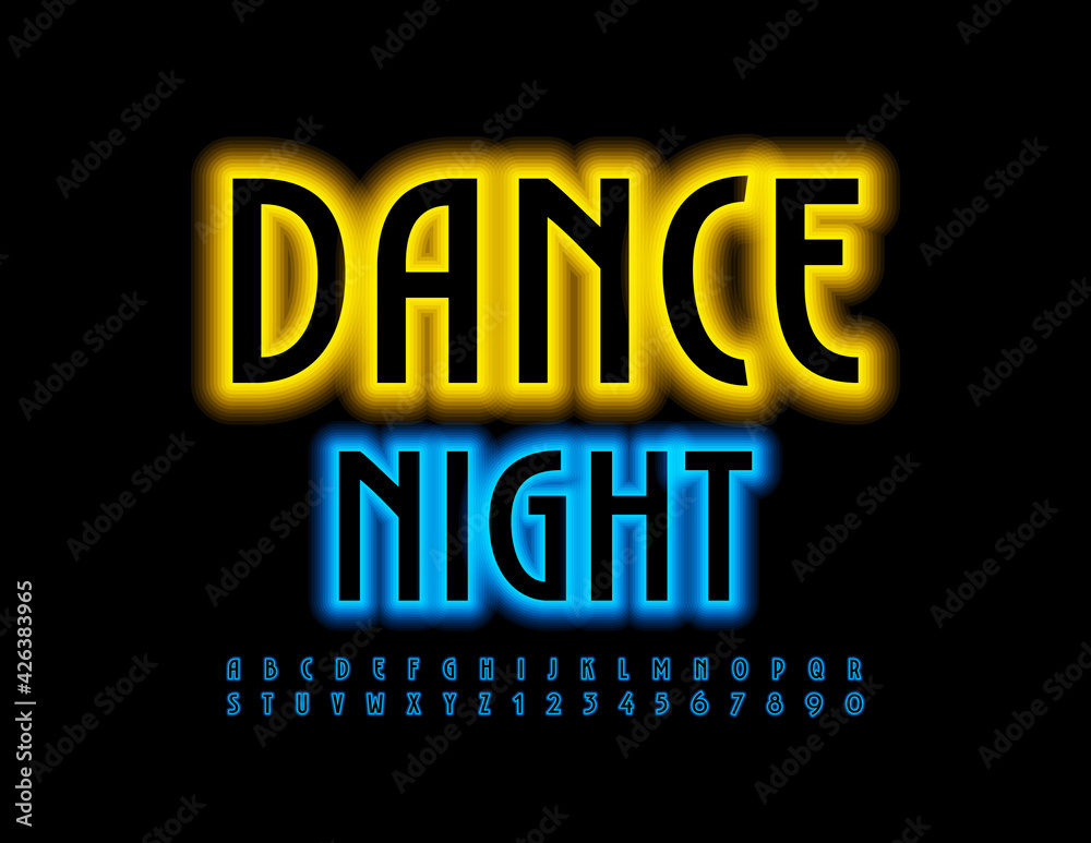 Vector event poster Dance Night. Elegant Neon Font. Art Deco style Alphabet Letters and Numbers set