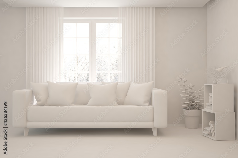 Mock up of stylish room in white color with sofa and winter landscape in window. Scandinavian interior design. 3D illustration Mock up of stylish room in white color with sofa and winter landscape in window. Scandinavian interior design. 3D illustration
