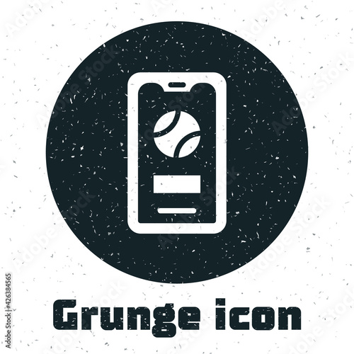 Grunge Smartphone with baseball ball on the screen icon isolated on white background. Online baseball game for mobile phone. Monochrome vintage drawing. Vector