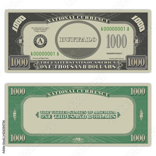 USA fictional paper money. Obverse and reverse of a 1000 dollar banknote. Gray and green frame with guilloche mesh. Buffalo