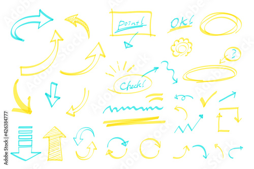 A set of handwritten arrow illustrations that look like they were drawn with highlighters
