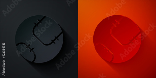 Paper cut Baseball ball icon isolated on black and red background. Paper art style. Vector