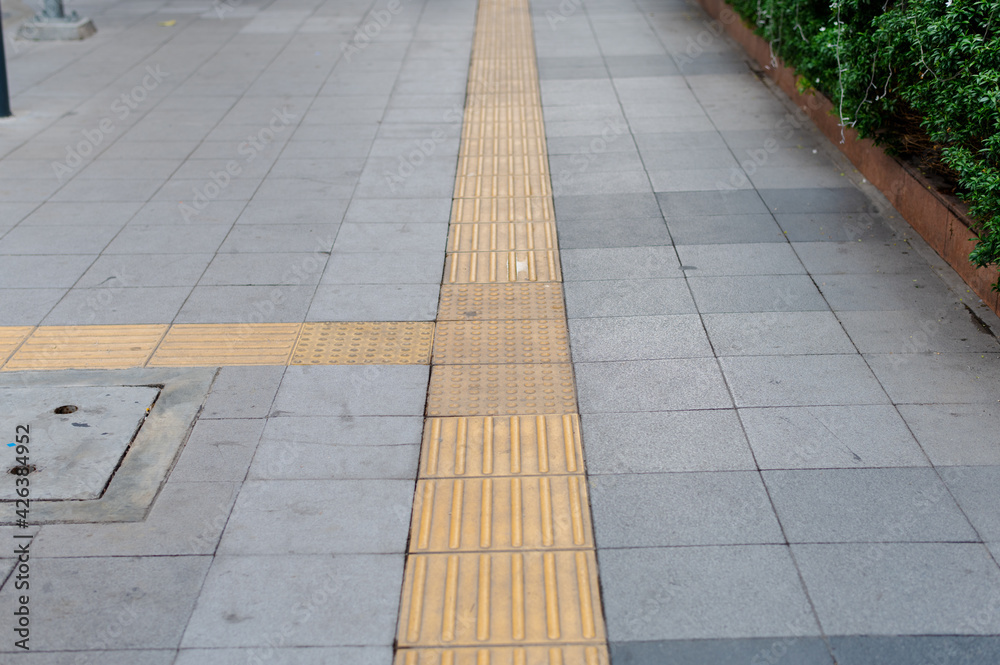 tactile paving for blind handicap on tiles pathway, walkway for blindness people.