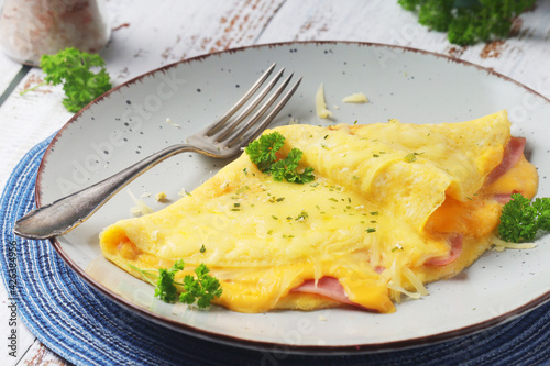 Omelette with ham and cheese on the plate