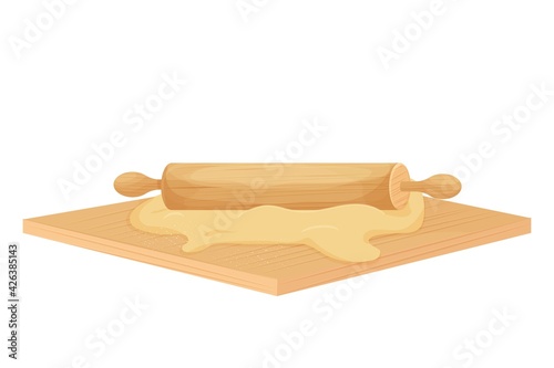 Wooden Rolling pin and dough isolated on white background in cartoon style stock vector illustration. Detailed and textured object.