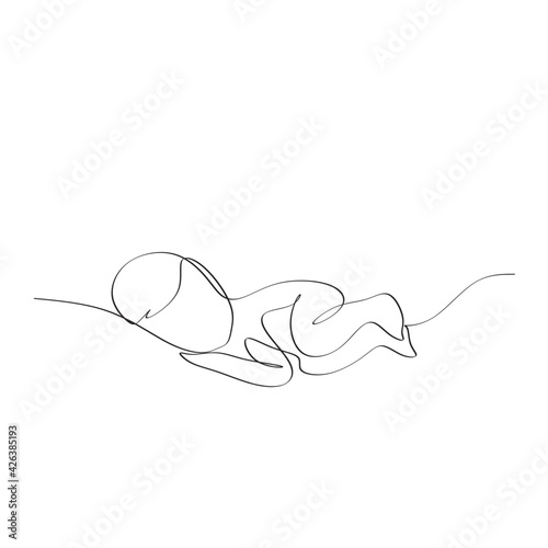 Baby in womb one single line drawing. Cute unborn fetus baby on mother womb isolated on white background. Pregnancy health care concept. Minimalism style.