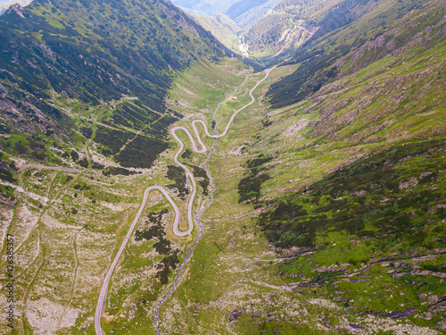 Curvy and dangerous road from the high mountain pass in Transfagarasan, Romania. Road to Balea Lake.