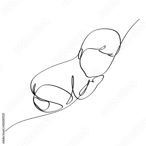 Baby in womb one single line drawing. Cute unborn fetus baby on mother womb isolated on white background. Pregnancy health care concept. Minimalism style.