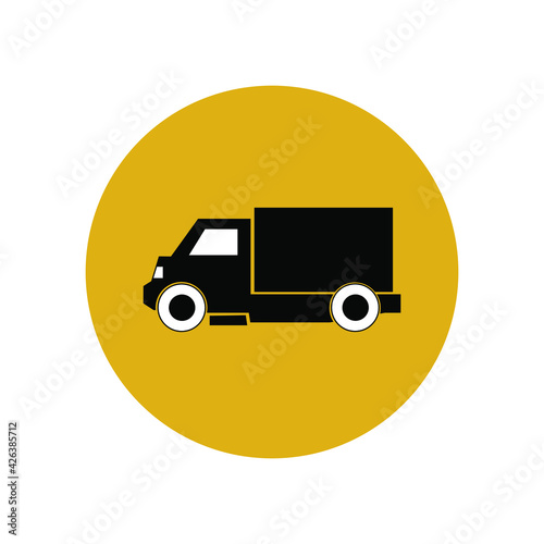 Truck icon in a yellow circle. Delivery and transportation of goods. User interface button in smartphone app. Vector illustration