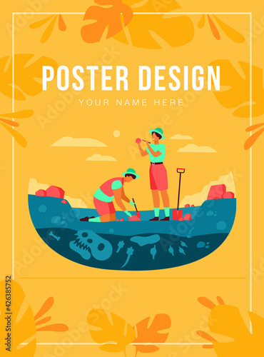 Archaeologist discovering dinosaurs remains. Men digging ground in quarry and cleaning bones. Vector illustration for archeology, paleontology, science, research concept