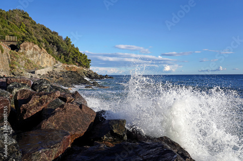 Europe, Italy , Framura is a little sea village in province of Spezia near Genova and Five Island ( cinque Terre )- a sea water wave breaks on a rock of the Mediterranean coast