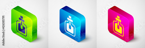 Isometric Perfume icon isolated on grey background. Square button. Vector