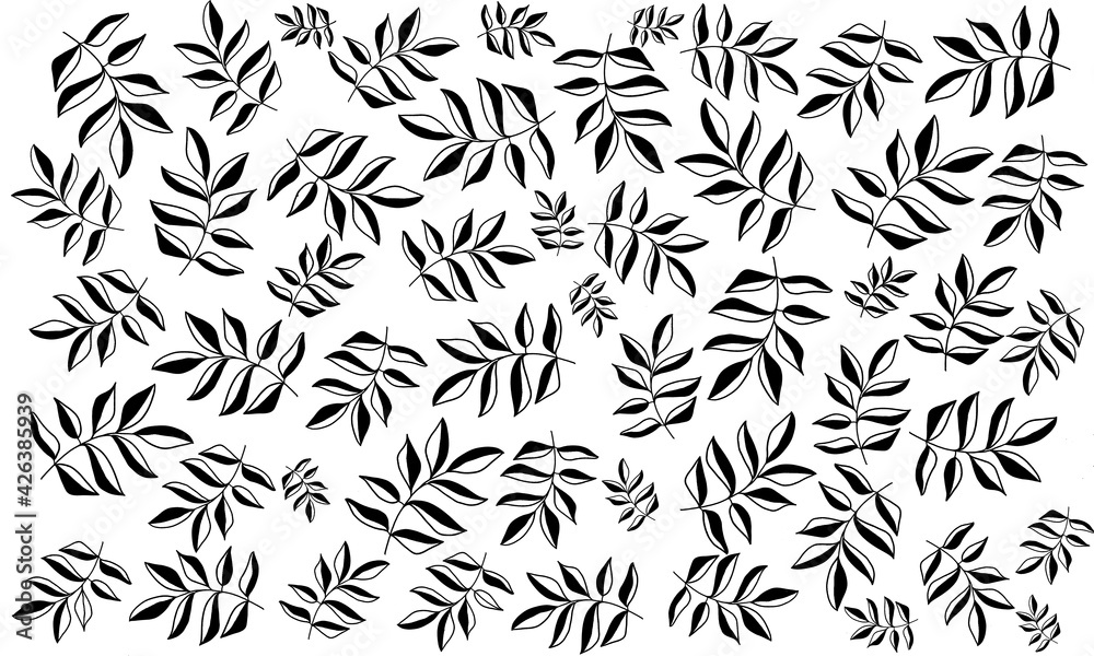Black leaves isolated on white background. Seamless pattern. Line art Black leaves isolated on white background. Seamless pattern. Line art