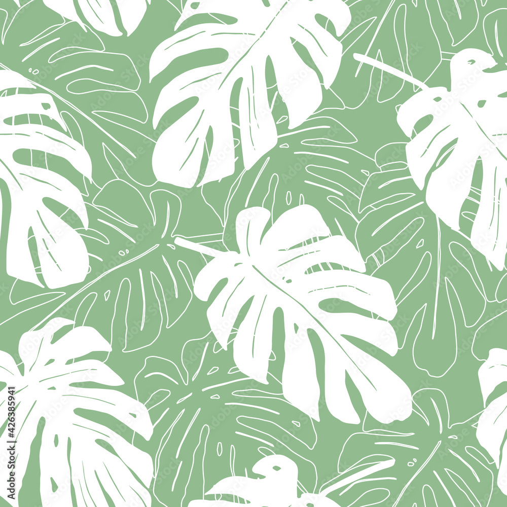 Fototapeta premium Modern minimalistic seamless pattern. Contemporary background with tropical abstract minimalist shapes. Trendy vector illustration perfect for prints, fabric, wrapping paper, textile, wallpaper.