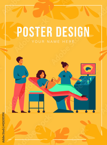 Prenatal care concept. Sonographer scanning and examining pregnant woman while expecting father looking at monitor. Vector illustration for medical examination, sonography, ultrasound test topics