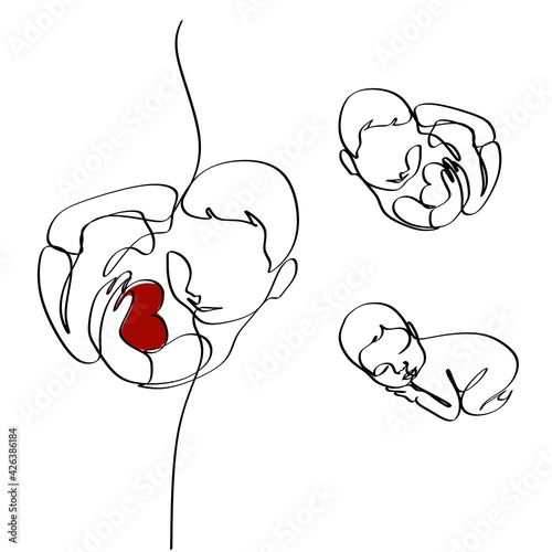 Baby in womb one single line drawing. Cute unborn fetus baby on mother womb isolated on white background. Pregnancy health care concept. Minimalism style.