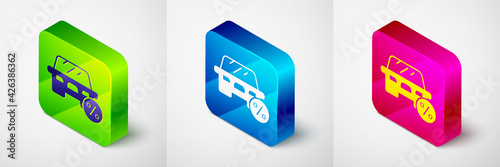 Isometric Car leasing percent icon isolated on grey background. Credit percentage symbol. Square button. Vector