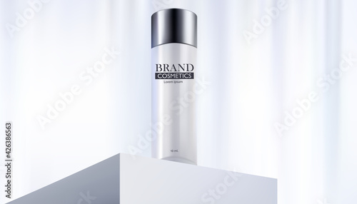 Beauty cosmetic product on box and abstract background.cosmetics bottles mockup banner.3D vector illustration.
