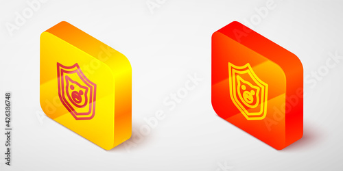 Isometric line Shield with pig icon isolated on grey background. Animal symbol. Yellow and orange square button. Vector