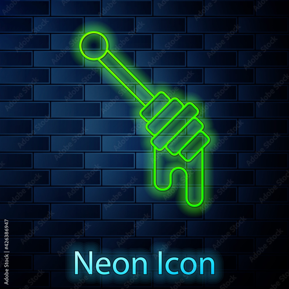 Glowing neon line Honey dipper stick icon isolated on brick wall background. Honey ladle. Vector Glowing neon line Honey dipper stick icon isolated on brick wall background. Honey ladle. Vector