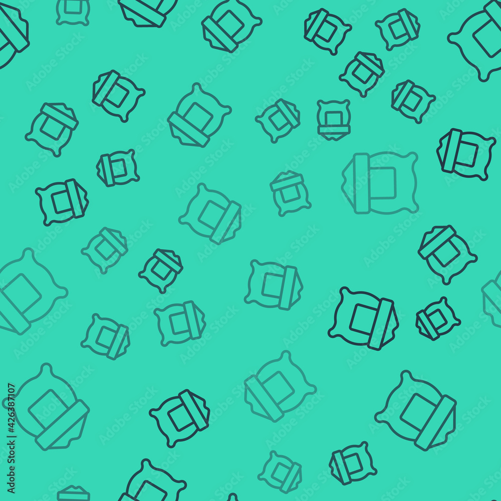Black line Bag of flour icon isolated seamless pattern on green background. Vector