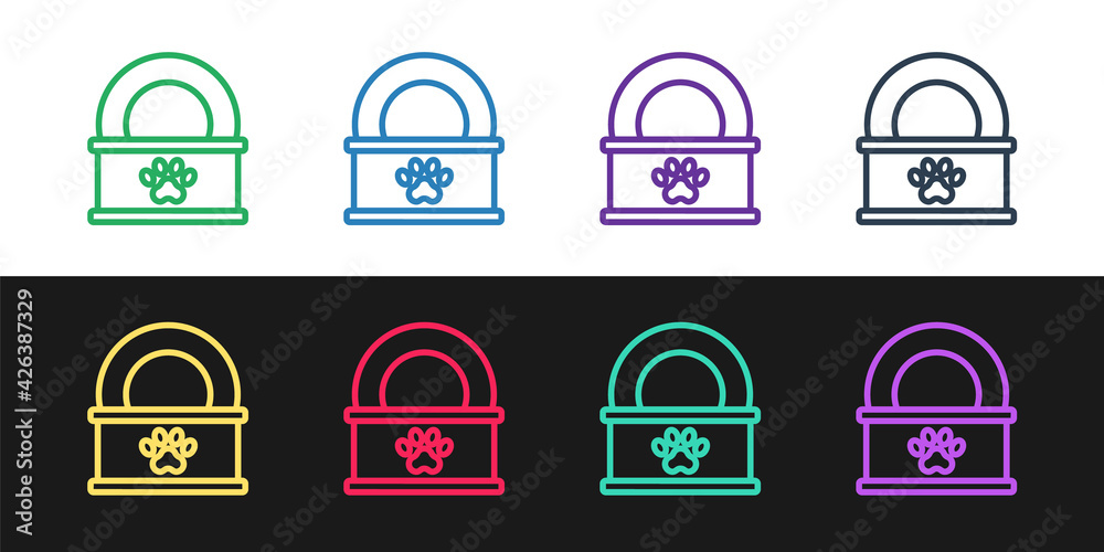 Set line Canned food icon isolated on black and white background. Food for animals. Pet food can. Vector