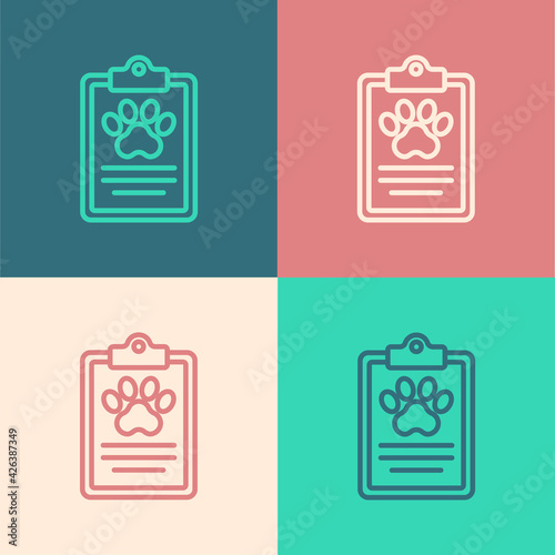Pop art line Clipboard with medical clinical record pet icon isolated on color background. Health insurance form. Medical check marks report. Vector