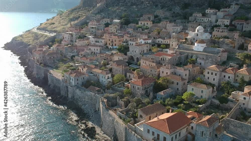 Aerial view of the old medieval castle town of Monemvasia in Lakonia of Peloponnese, Greece. Monemvasia is often called 