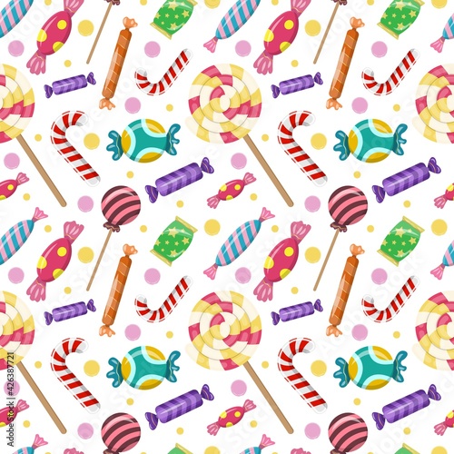 Seamless pattern with colorful candies and lollipops. Cute sweet background, design element for packaging, paper and wallpaper. Vector illustration.