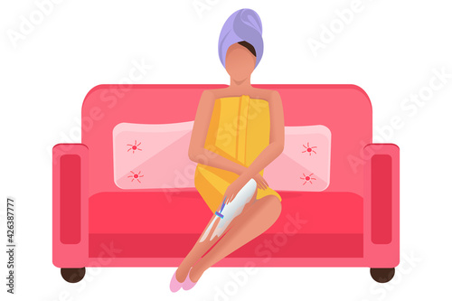 Shave legs. A woman takes care of her legs and body. House, room. Spa. Cartoon style. Used in web design for collages. Simple flat vector drawing.
