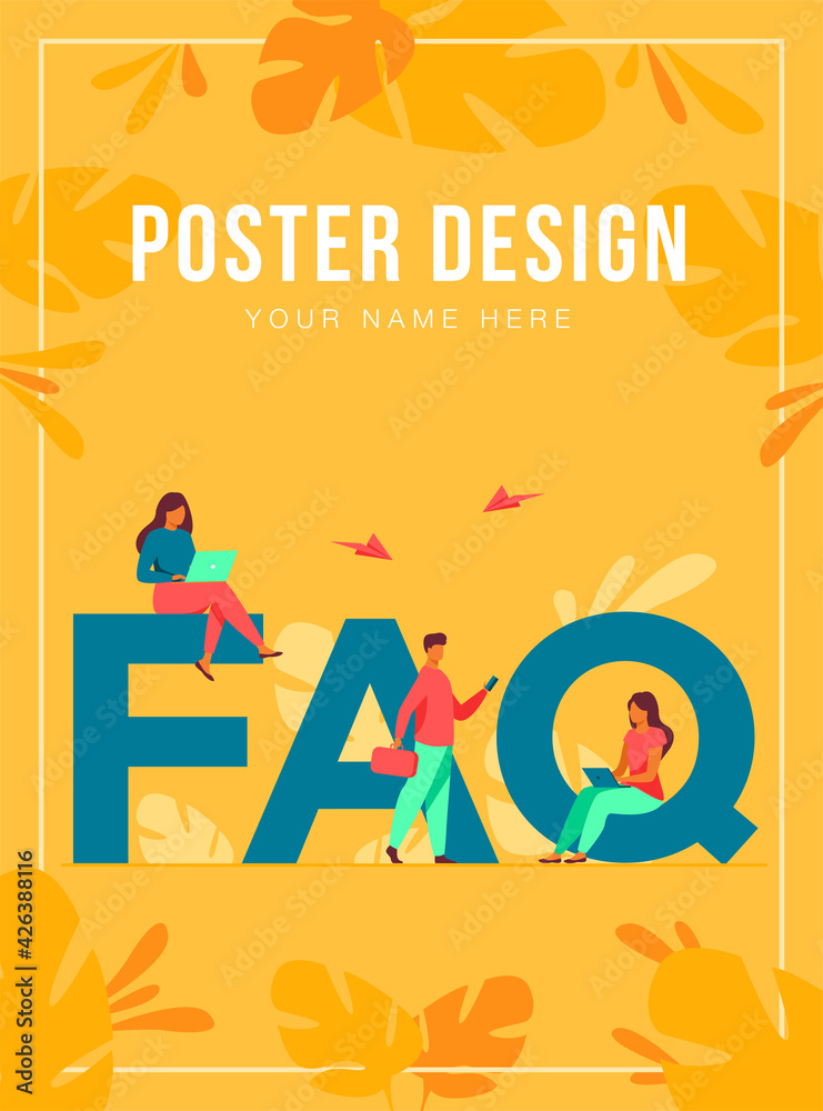 Fototapeta Tiny people sitting and standing near giant FAQ isolated flat vector illustration. Cartoon users asking questions and getting answers. Help, instruction and support information concept