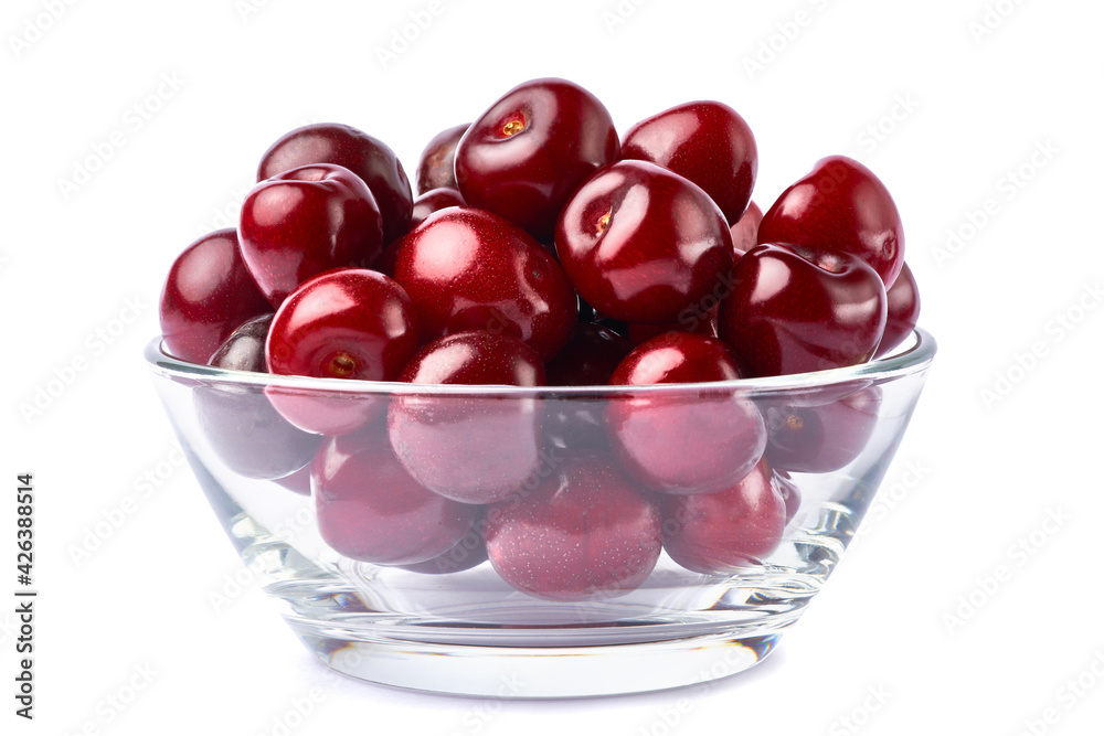 glass bowl of sweet cherry fruits isolated on white background glass bowl of sweet cherry fruits isolated on white background