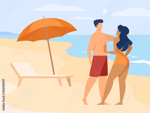 Happy couple talking on sea beach. Swimsuit, umbrella, holiday flat vector illustration. Vacation and leisure concept for banner, website design or landing web page