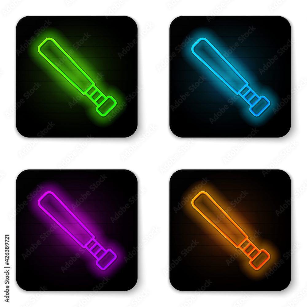Glowing neon line Baseball bat icon isolated on white background. Black square button. Vector Glowing neon line Baseball bat icon isolated on white background. Black square button. Vector