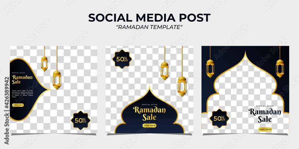 Ramadan sale social media post banner promotion template. With black and dark blue gradient background.