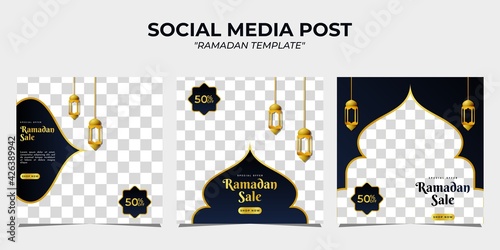 Ramadan sale social media post banner promotion template. With black and dark blue gradient background.