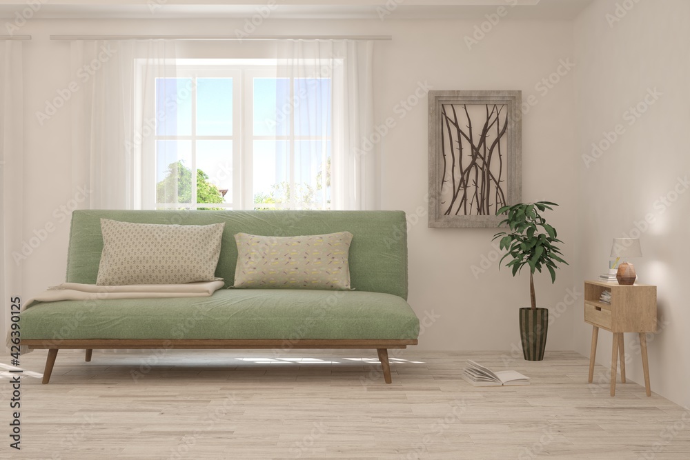 White living room with sofa. Scandinavian interior design. 3D illustration White living room with sofa. Scandinavian interior design. 3D illustration