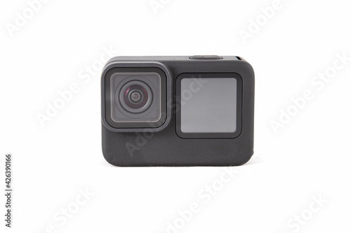 New 4K action camera in black color. Isolated white background