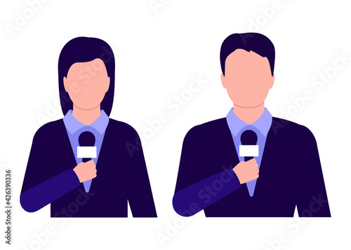 Journalist interviews, reports news for tv. Man and woman are holding microphone. People work as journalist, speaker, host of television show. Vector illustration